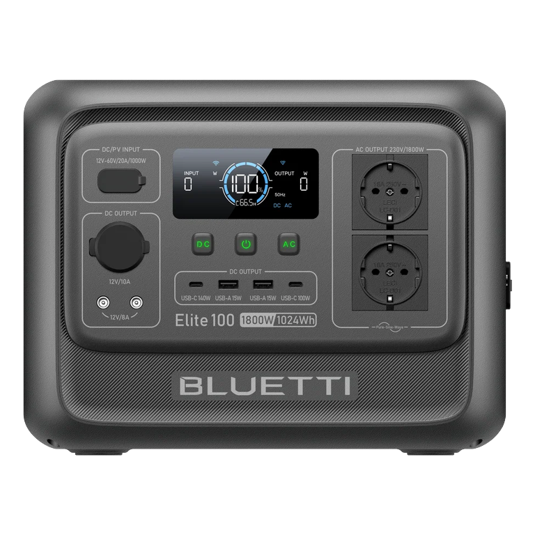BLUETTI Elite 100 V2 review: vooraanzicht met display en twee stopcontacten