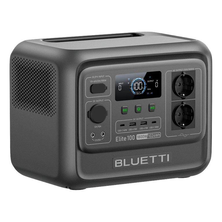 BLUETTI Elite 100 V2 schuin van voren, met het ventilatierooster in beeld