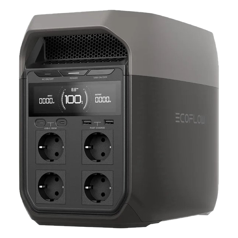 EcoFlow Delta 3 review: schuin vooraanzicht met display en vier stopcontacten