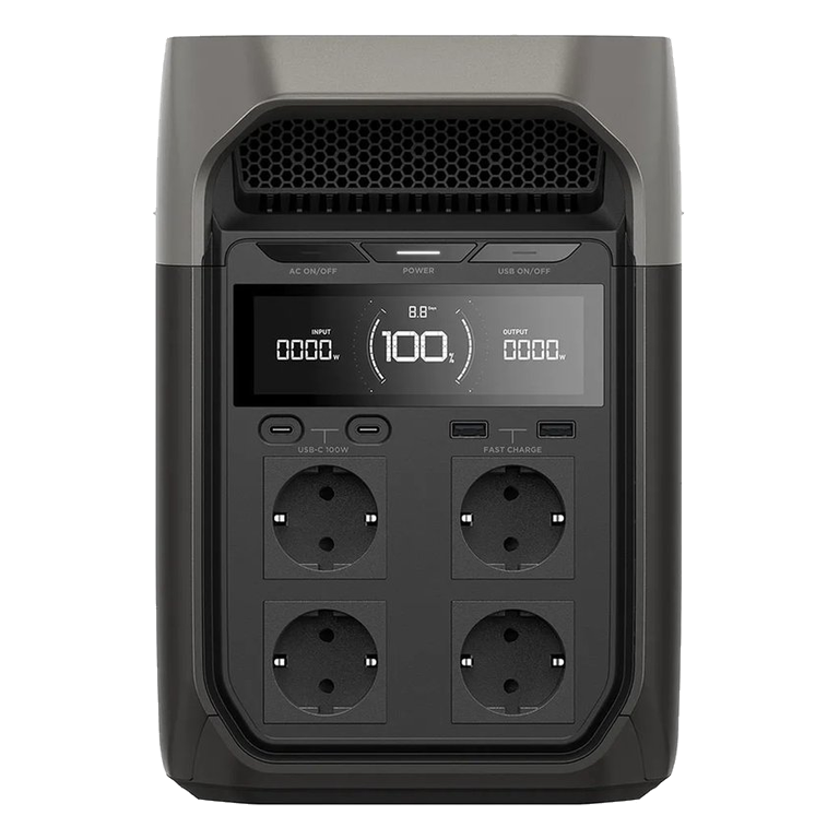 Bedieningspaneel van de EcoFlow Delta 3 met vier stopcontacten en USB-poorten