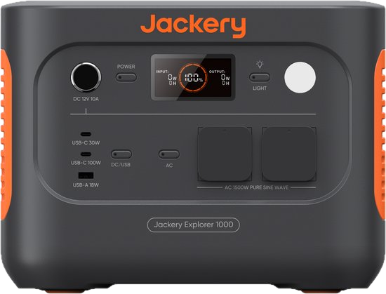 Bedieningspaneel van de Jackery Explorer 1000 V2 met display, twee stopcontacten en USB-poorten