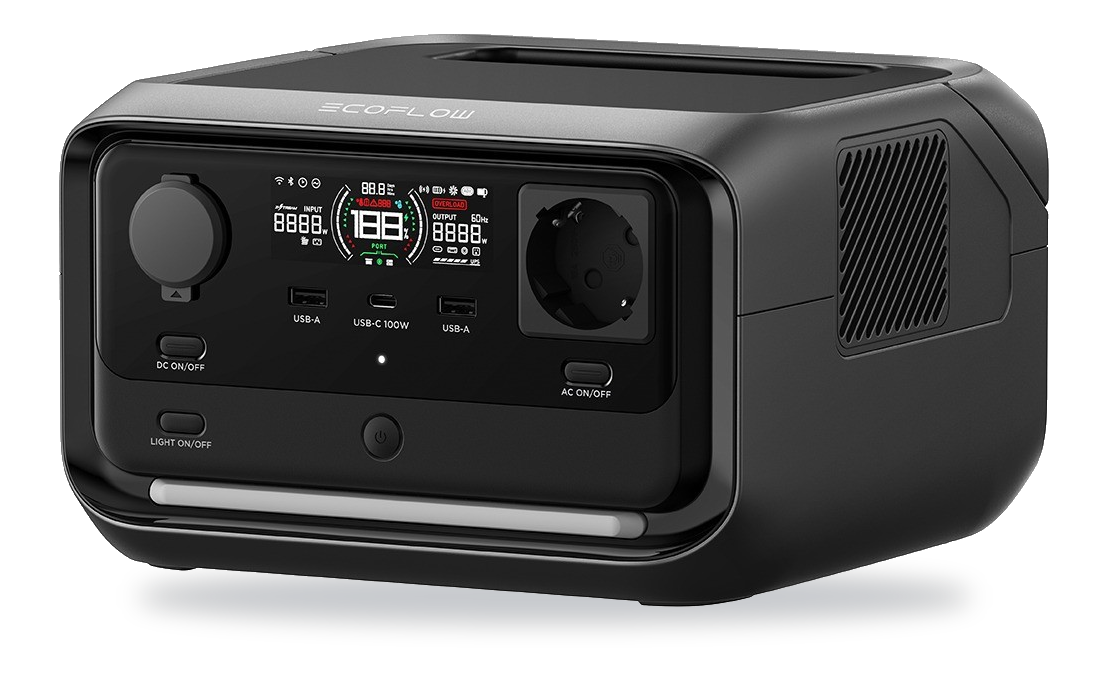 EcoFlow River 3 Plus schuin van voren, met de ventilatiegrille aan de zijkant