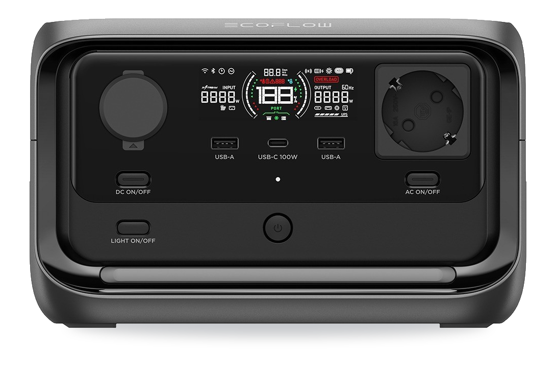 EcoFlow River 3 Plus review: vooraanzicht met display, USB-poorten en stopcontact