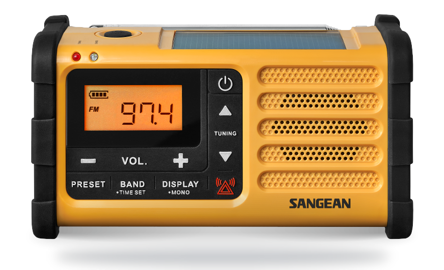 Sangean MMR-88 review: het vooraanzicht van de gele noodradio met display en zonnepaneel