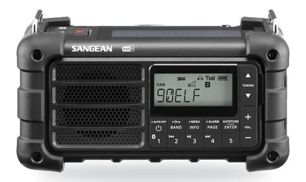 Sangean MMR-99 review: het vooraanzicht van de noodradio in Midnight Black met display en voorkeuzetoetsen