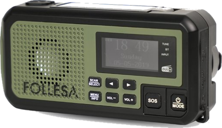 Follesa DAB-373BT noodradio in legergroen met zonnepaneel, display en SOS-knop