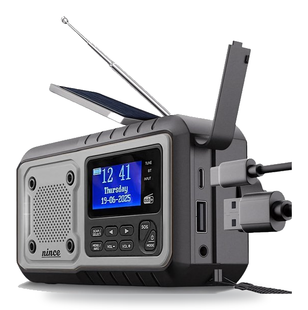 Nince Noodradio DAB+ in het grijs, vooraanzicht met display, zonnepaneel en antenne