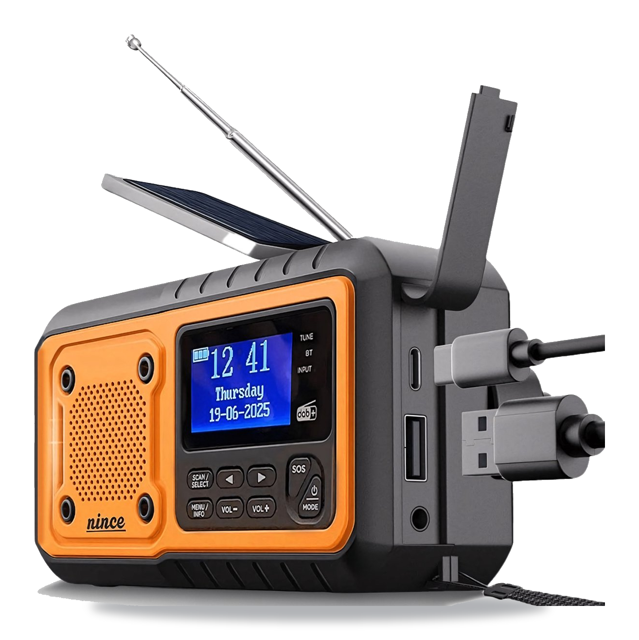 Nince Noodradio DAB+ in het oranje, vooraanzicht met display, zonnepaneel en antenne