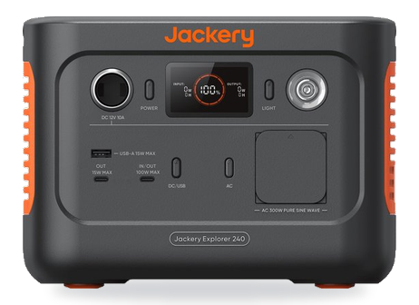 Jackery Explorer 240 V2 recht van voren met de hendel neergeklapt