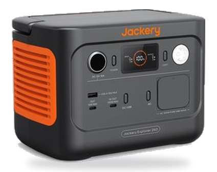 Jackery Explorer 240 V2 schuin van links, met het ventilatierooster in beeld