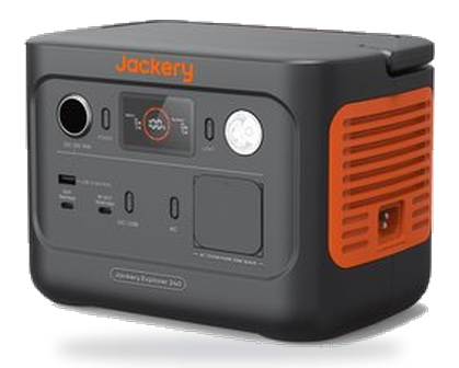 Jackery Explorer 240 V2 schuin van rechts, met het zijpaneel en de aansluitingen in beeld