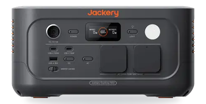 Jackery Explorer 500 V2 recht van voren met de hendel neergeklapt